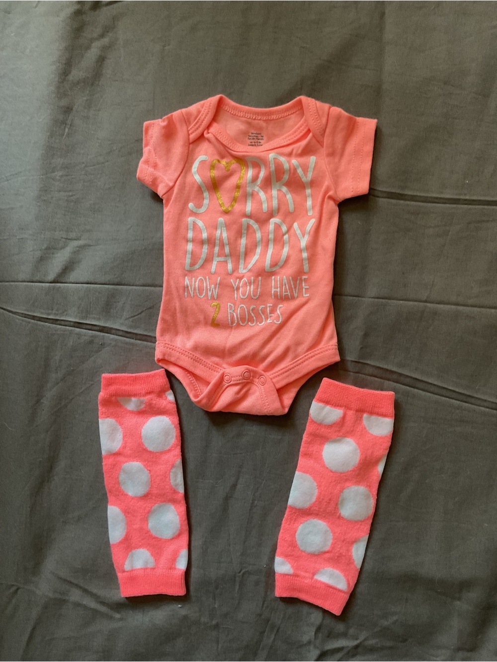 Coral Baby Onesie with Gold Heart "Sorry Daddy Now you have 2 Bosses”